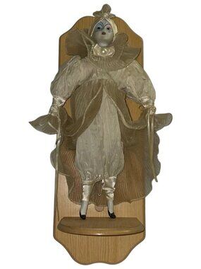 Vintage Women in Gold Outfit Porcelain Doll on Wooden Plaque